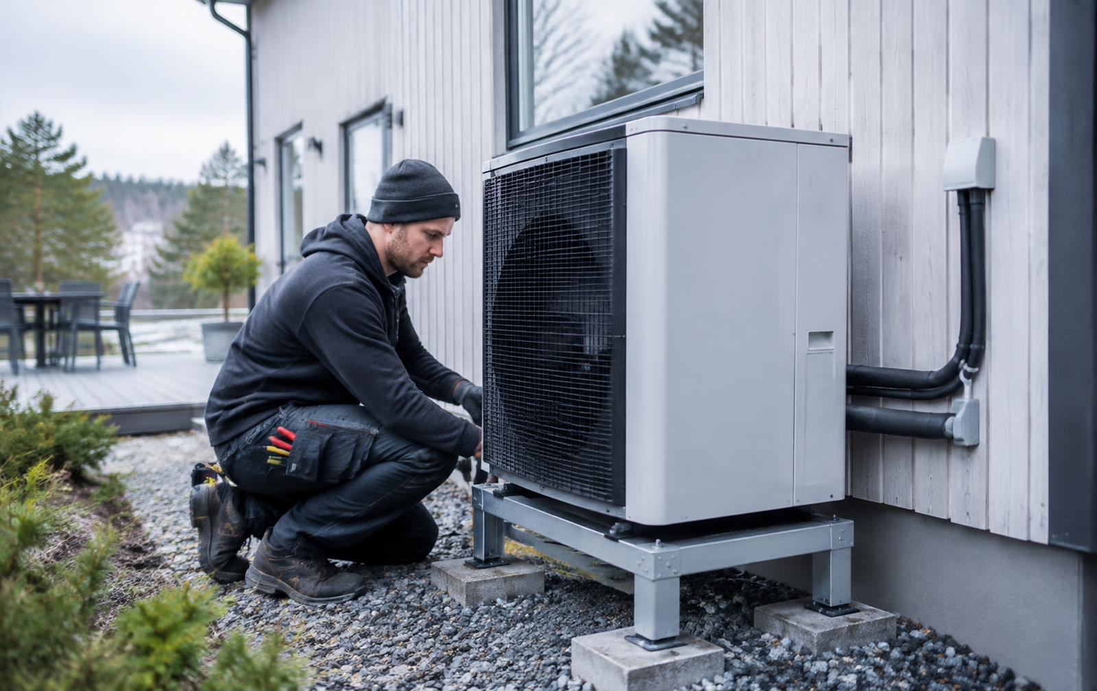 Installatör monterar en utomhusenhet för luft-vattenvärmepump